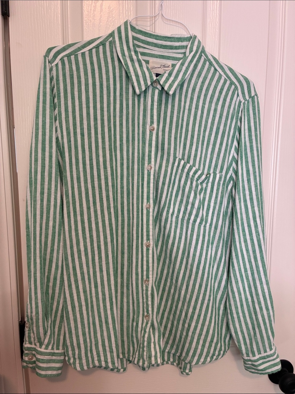 Universal Thread Green and White Vertical Stripe Button-Down Shirt